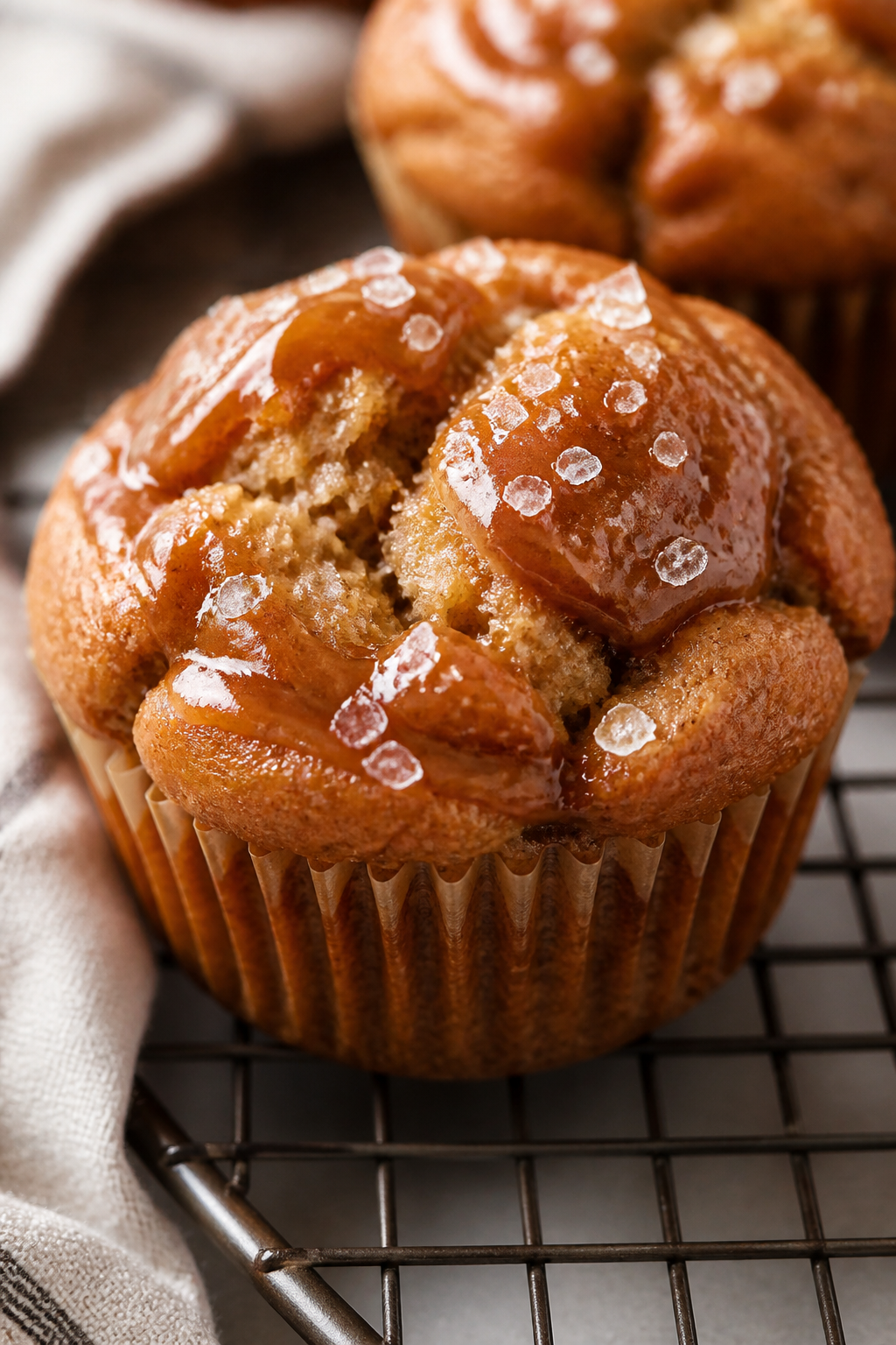 Close-up detail shot: A freshly baked salted caramel protein muffin just out of the pan on a wire ra