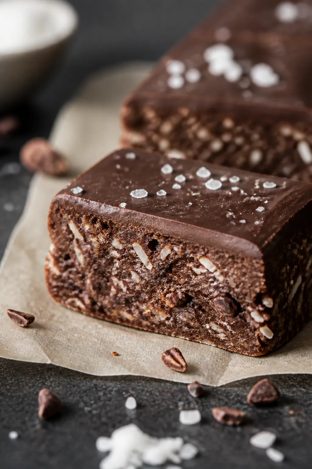 Close-up detail shot: A freshly sliced chocolate coconut protein bar with a glossy, thin sugar-free 