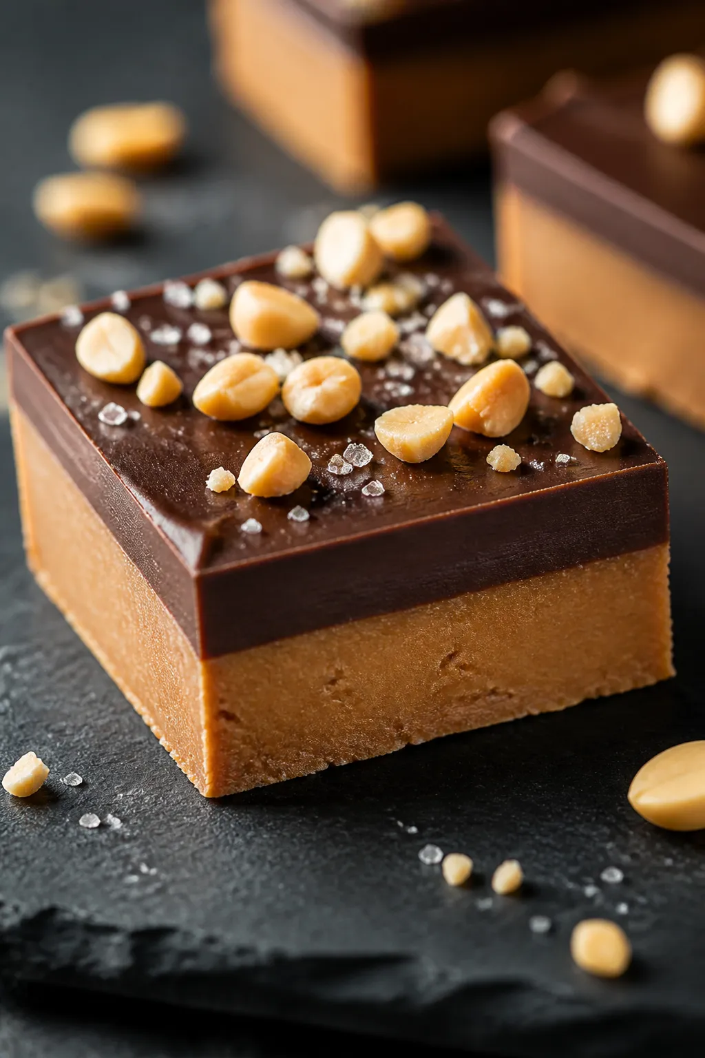 Close-up detail shot: A freshly sliced chocolate peanut butter protein bar with a glossy, set dark c