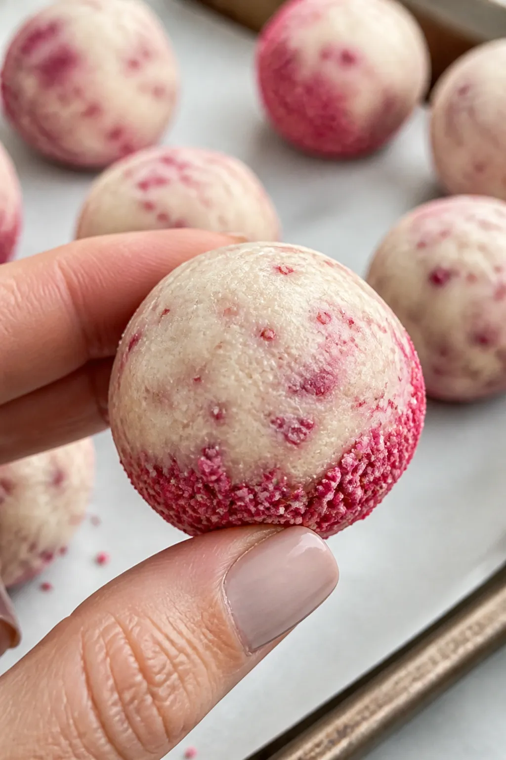 Close-up detail shot: A just-rolled raspberry cheesecake protein ball held on a parchment-lined tray