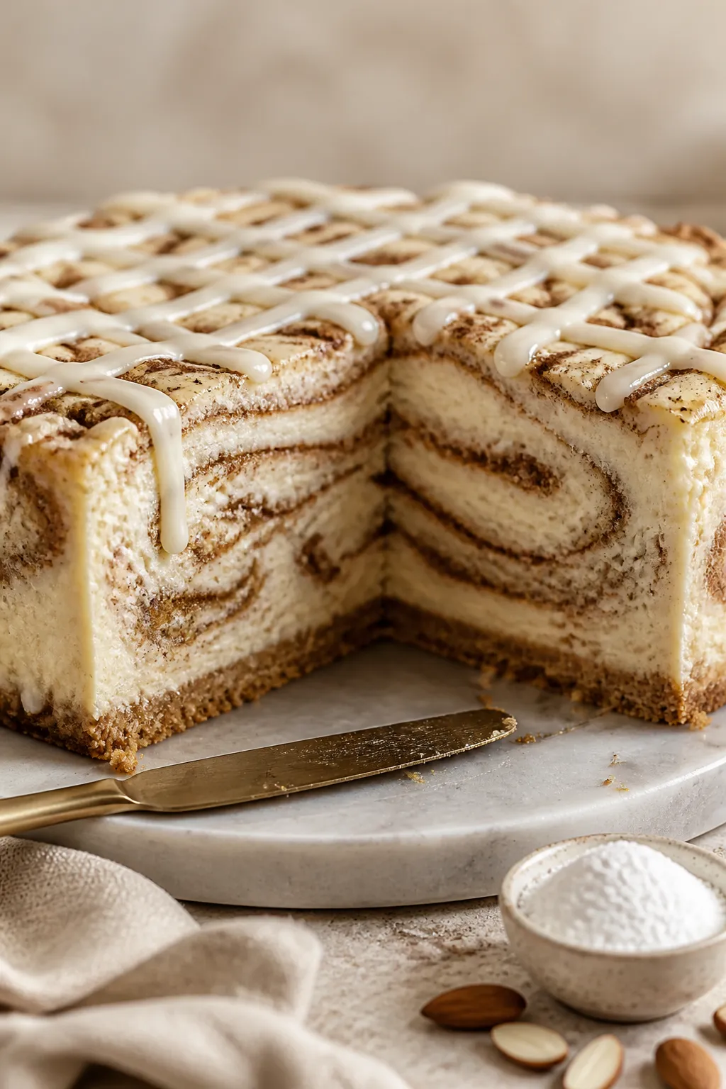 Close-up detail shot: A just-sliced cinnamon roll cheesecake showing the dramatic cinnamon swirl rib