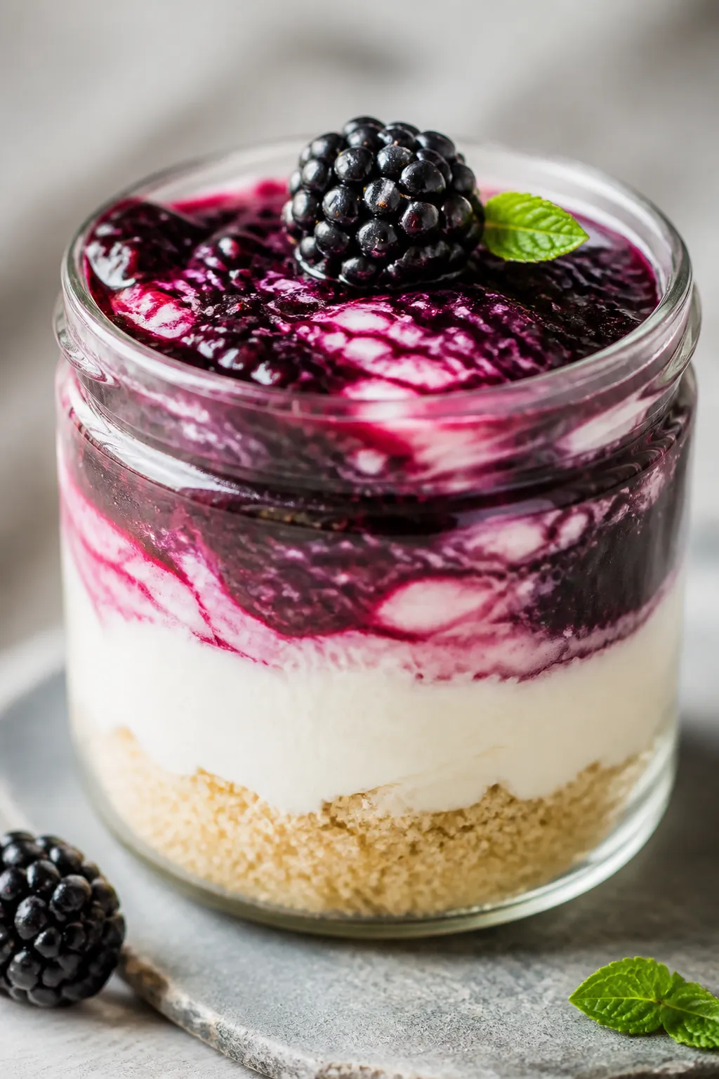 Close-up detail shot: A prepared cheesecake jar with the almond flour crust pressed neatly at the bo