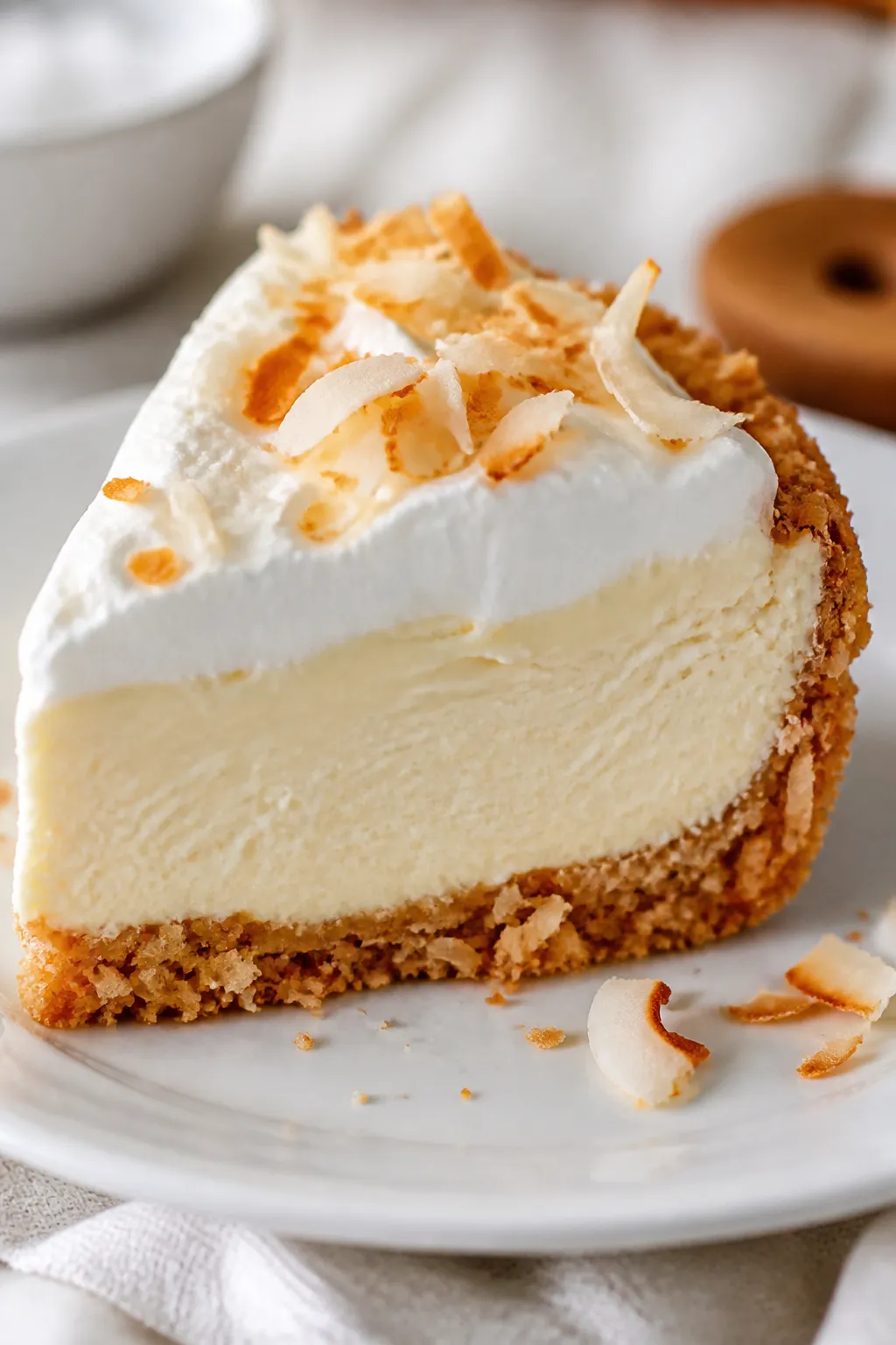 Close-up detail shot: A slice of high-protein low-carb coconut cream cheesecake just cut, showing th