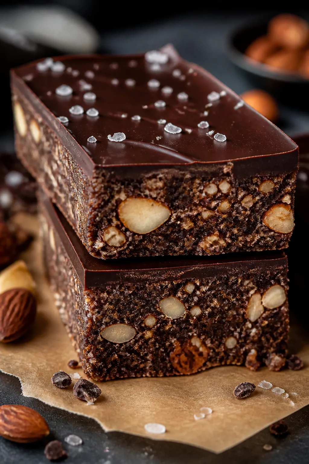 Close-up detail shot: A sliced no-bake chocolate almond protein bar with glossy, thin sugar-free dar