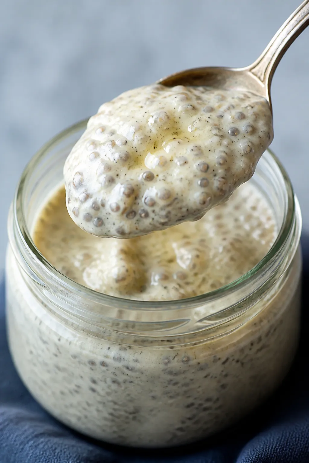 Close-up detail shot: A spoon lifting creamy vanilla bean chia pudding from a chilled glass jar, sho