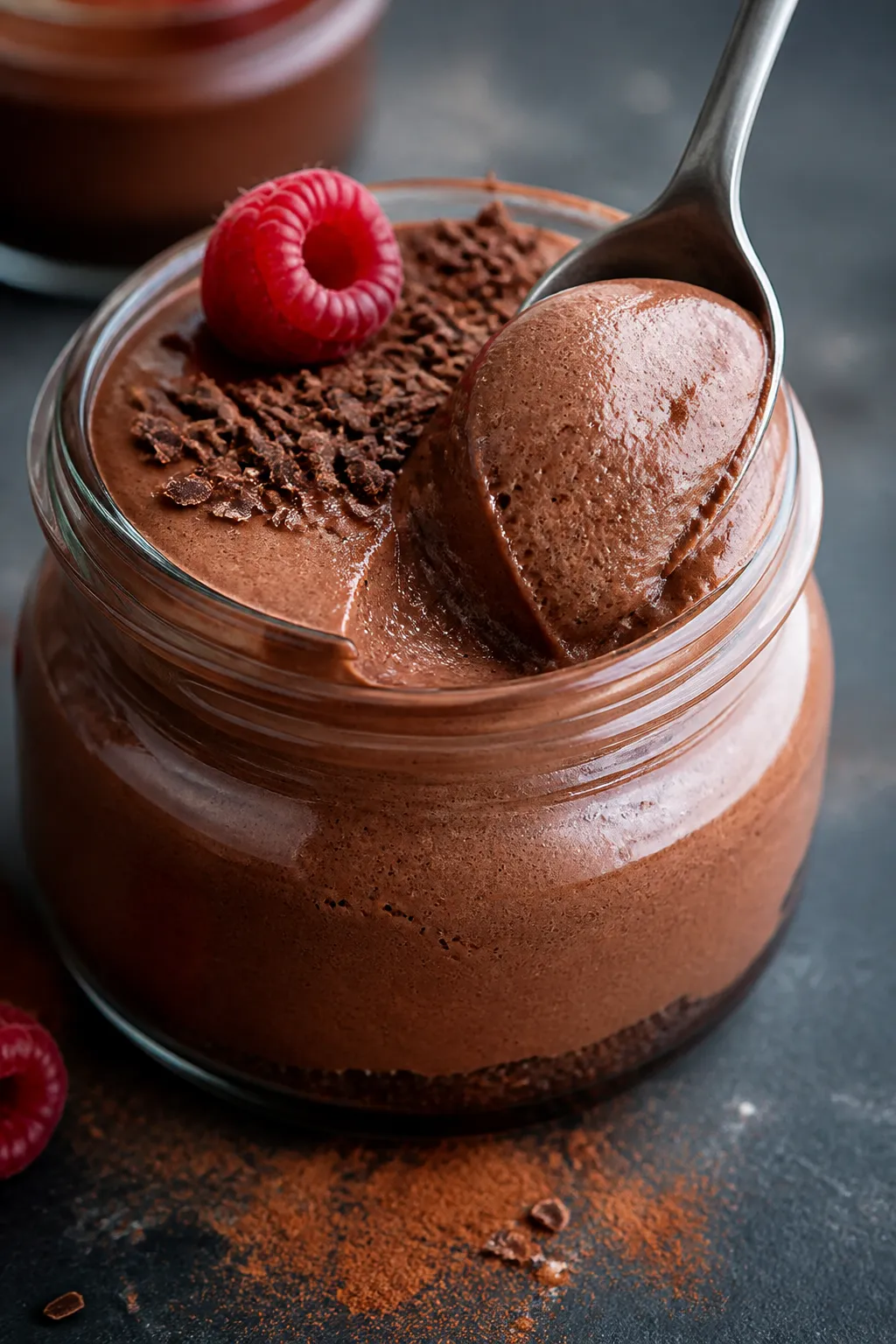 Close-up detail shot: a spoon scooping into a chilled chocolate cheesecake jar, showing the silky, m