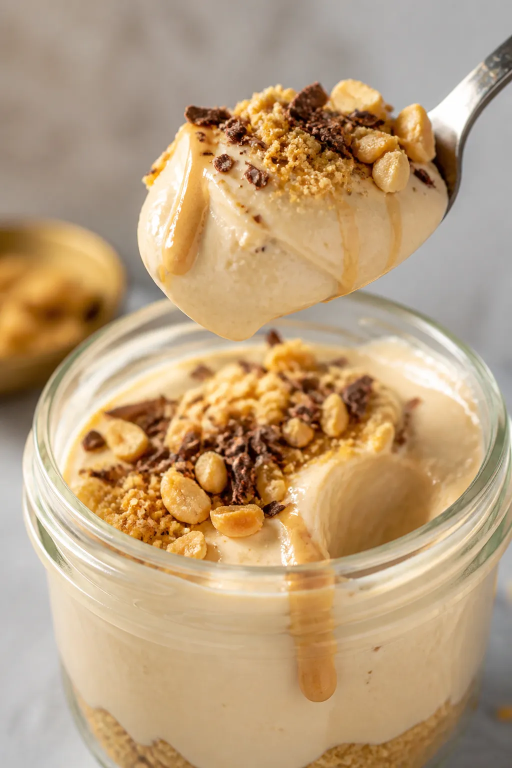 Close-up detail shot: A spoonful of Greek Yogurt Peanut Butter Cheesecake Pudding hovering above a c
