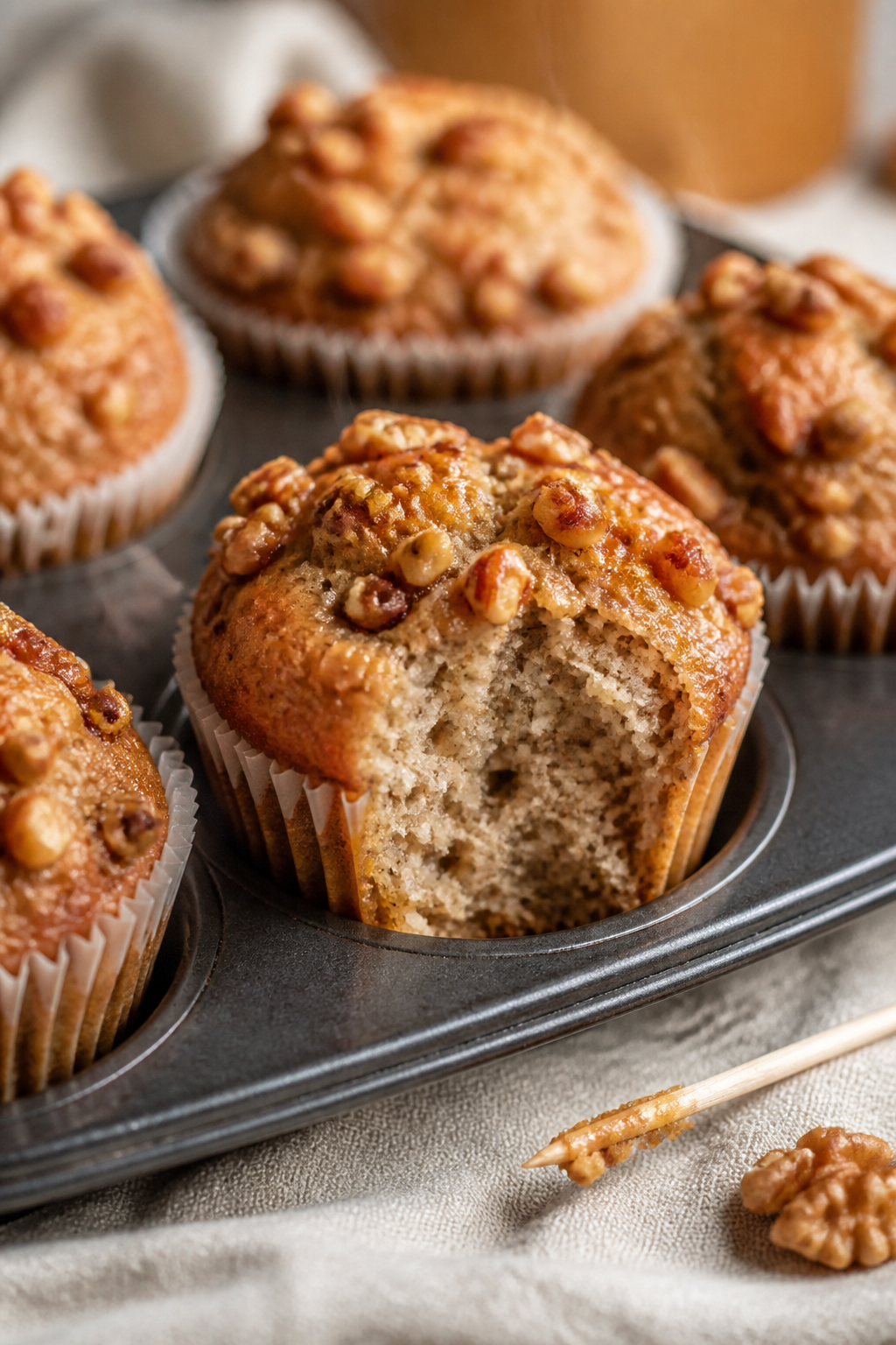 Close-up detail shot: freshly baked banana nut muffins just out of the oven, golden domed tops with