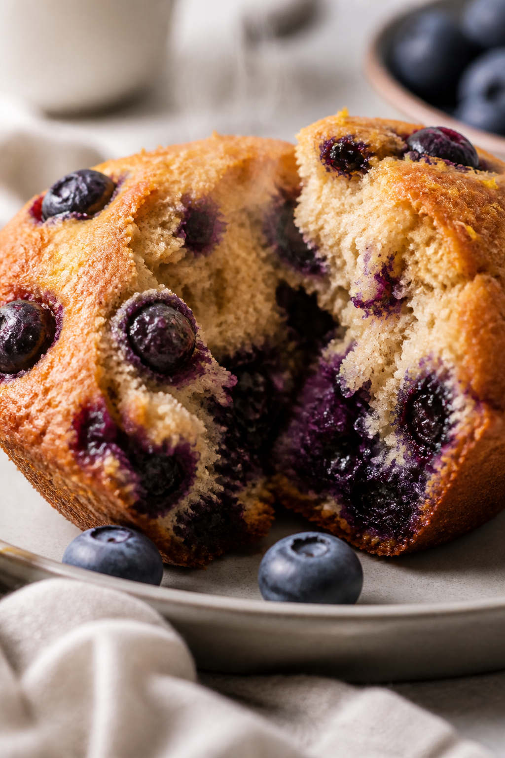 Close-up detail shot: freshly baked healthy blueberry muffin torn open to reveal tender crumb with j