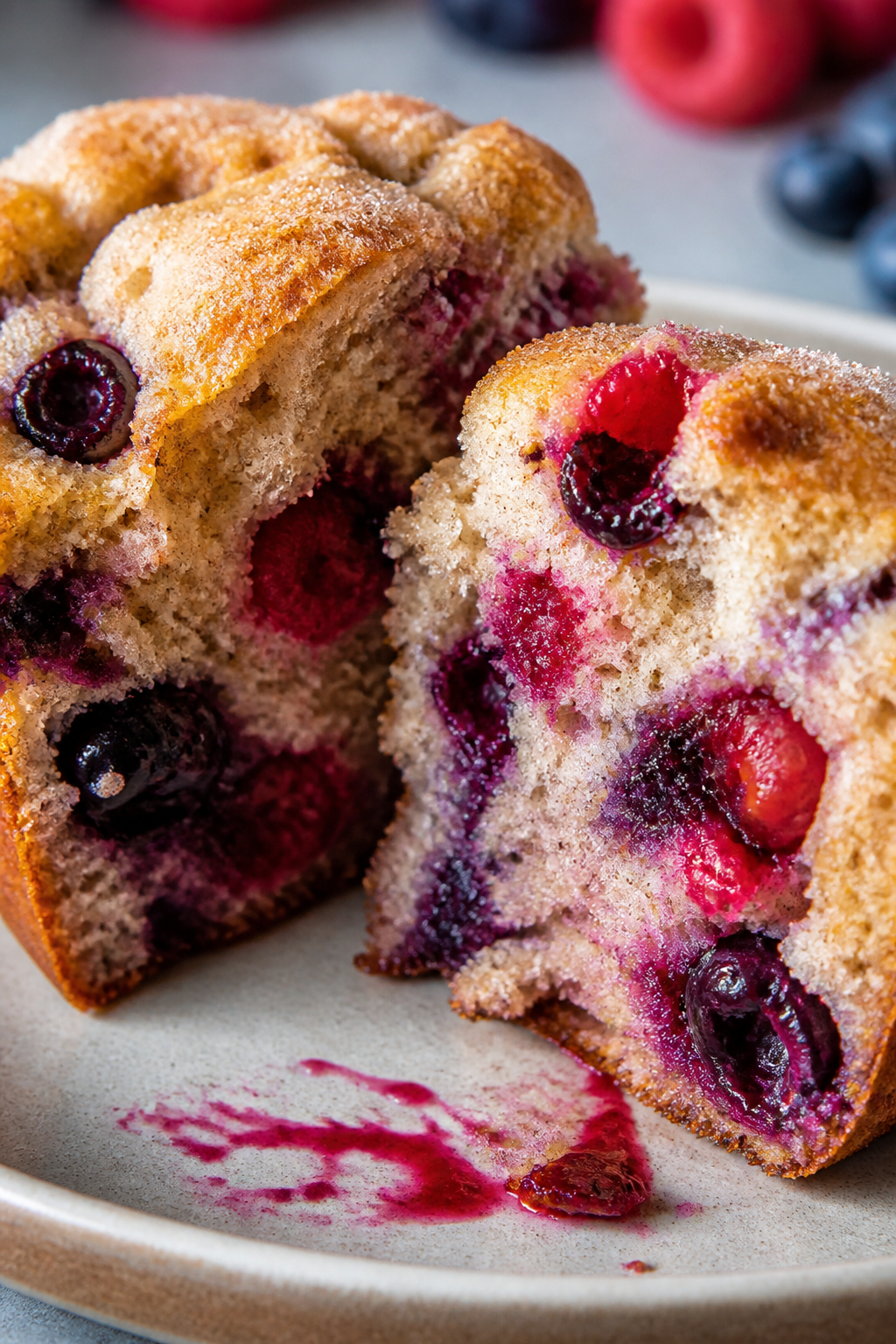 Close-up detail shot: freshly baked triple berry protein muffin torn open to reveal a tender crumb w
