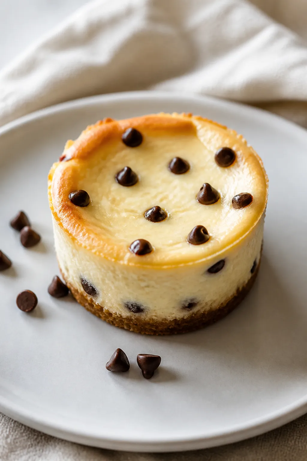 Close-up detail shot of a baked cheesecake cup just out of the muffin liner, creamy surface with a s