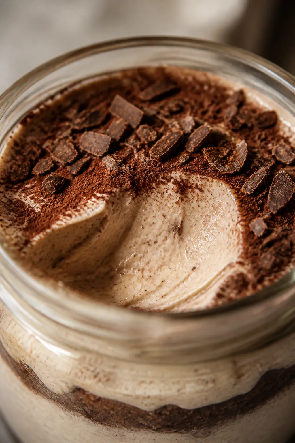 Close-up detail shot of a chilled High Protein Tiramisu Pudding layer inside a clear glass jar: silk