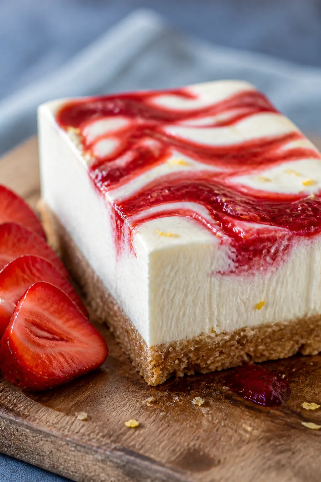 Close-up detail shot of a chilled strawberry cheesecake protein bar slice just after cutting, showin