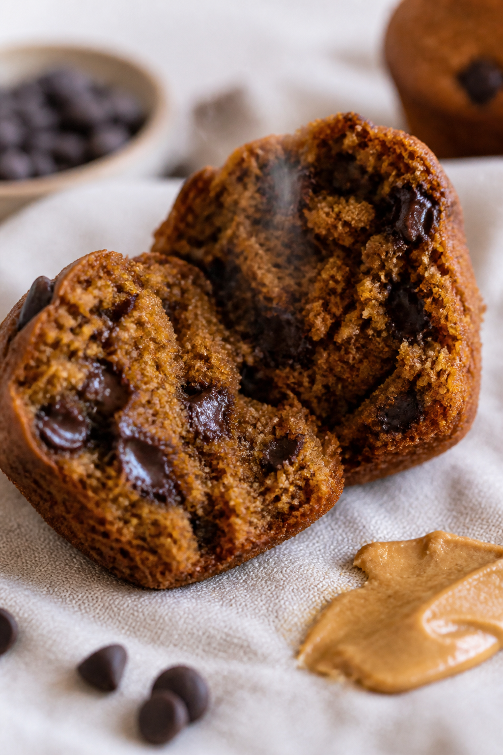Close-up detail shot of a freshly baked gingerbread protein muffin torn open to reveal a moist, tend