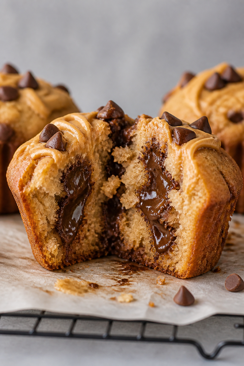 Close-up detail shot of a freshly baked peanut butter cup protein muffin torn open to reveal a moist