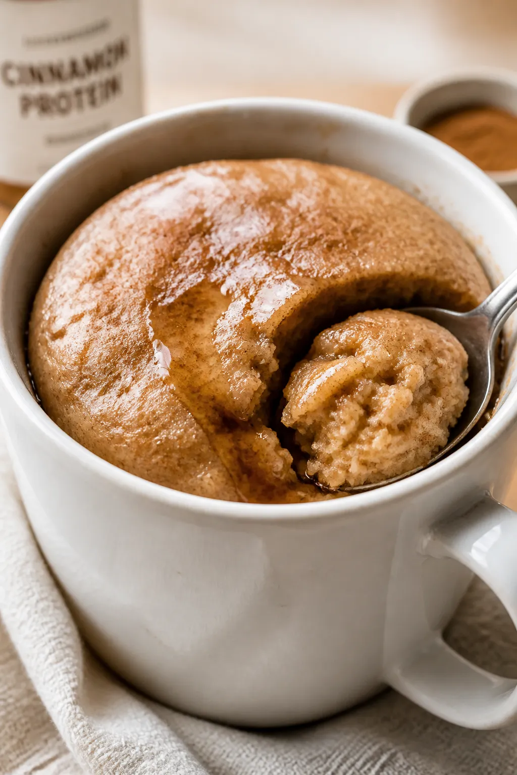 Close-up detail shot of a freshly microwaved cinnamon protein mug cake in a large white ceramic mug,
