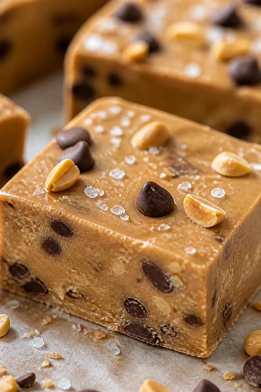 Close-up detail shot of a freshly sliced square of peanut butter protein fudge with a glossy, smooth