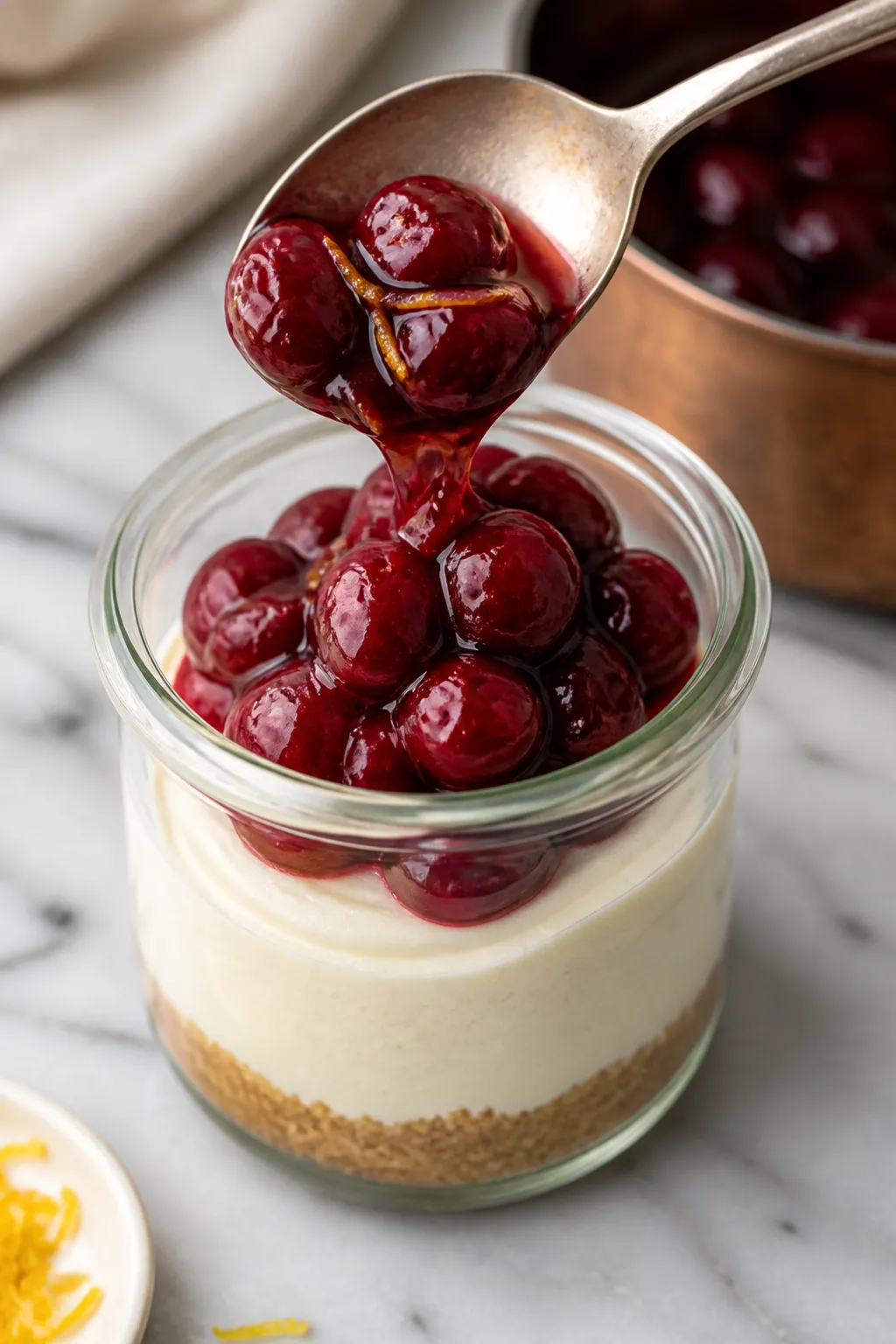 Close-up detail shot of a prepared cherry topping being spooned over set cheesecake filling in a sma
