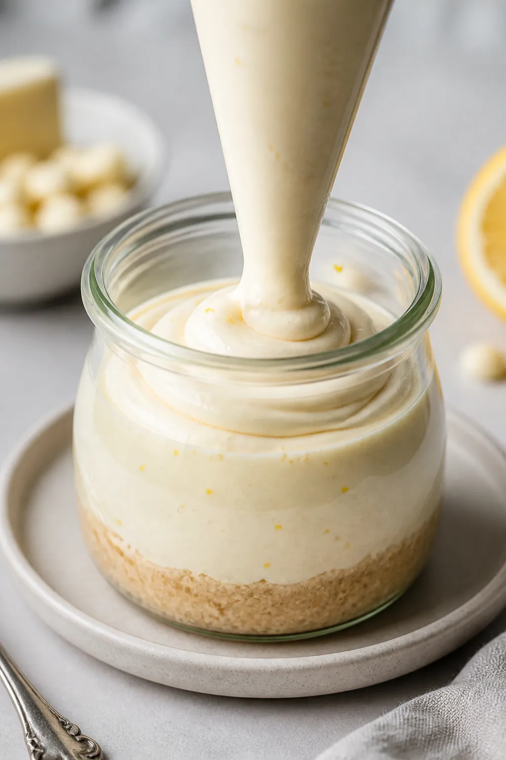 Close-up detail shot of a white chocolate cheesecake jar being filled: glossy, thick, lump-free chee