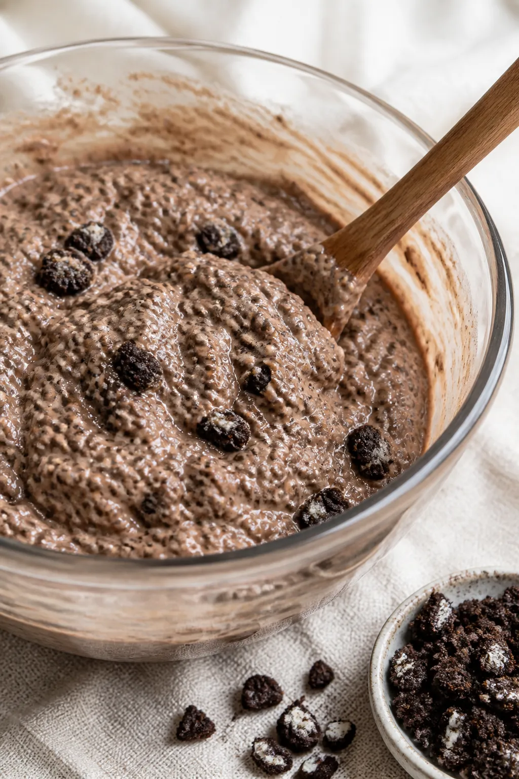 Close-up detail shot of cookies-and-cream chia pudding mid-prep: a glass mixing bowl with the thick,