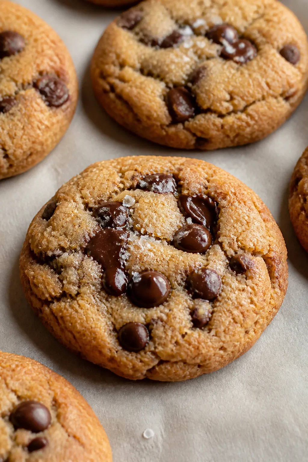 Close-up detail shot of freshly baked almond butter protein cookies just out of the oven on a parchm