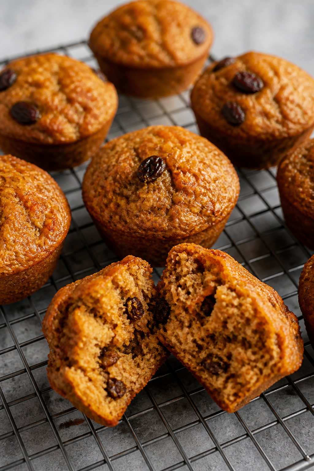Close-up detail shot of freshly baked carrot cake protein muffins just out of the tin, tops slightly