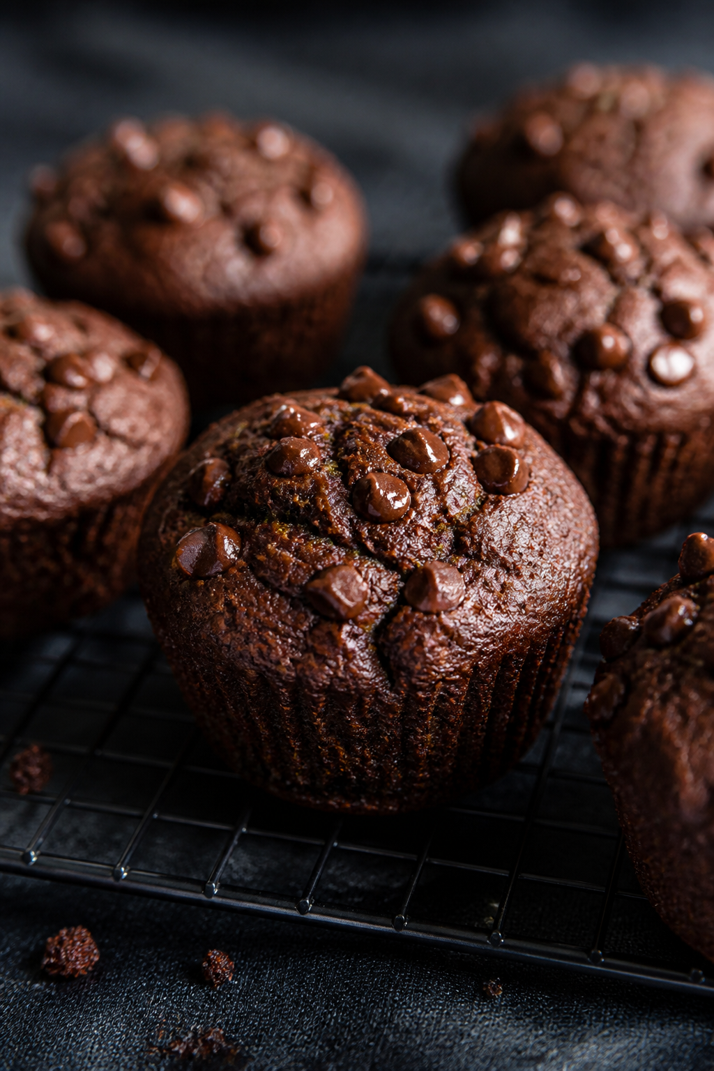 Close-up detail shot of freshly baked chocolate zucchini protein muffins just out of the tin, domed 