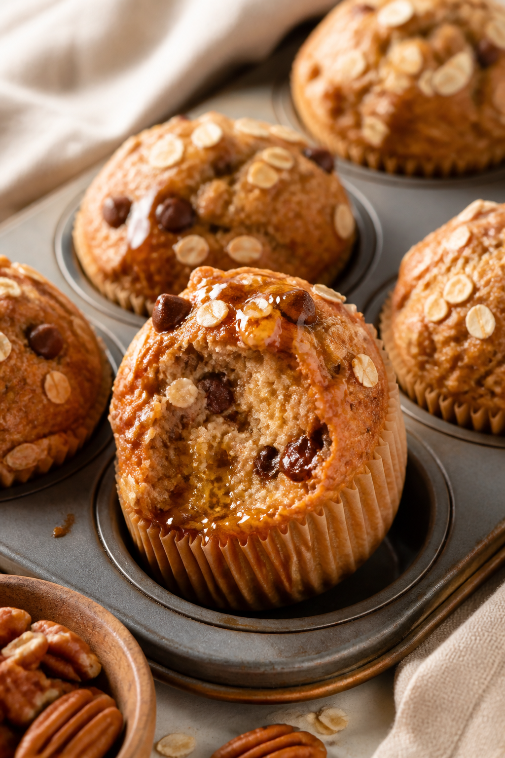 Close-up detail shot of freshly baked Maple Cinnamon Protein Muffins just out of the oven, golden do
