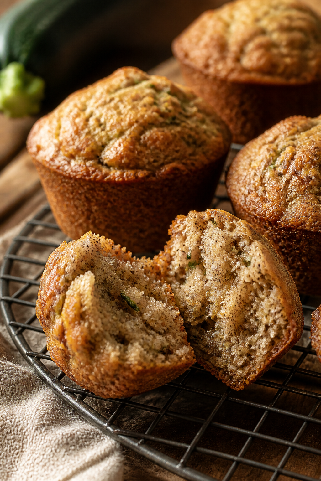 Close-up detail shot of freshly baked zucchini bread mini muffins just out of the oven, golden-domed
