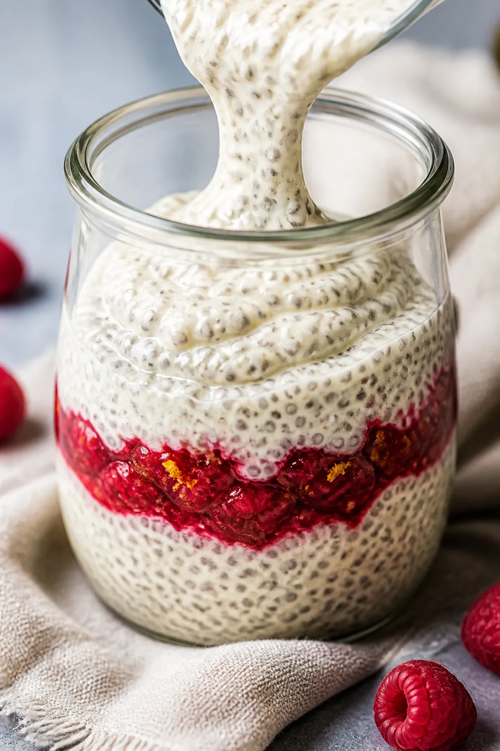 Close-up detail shot of layered white chocolate raspberry chia pudding in a clear glass jar midway t