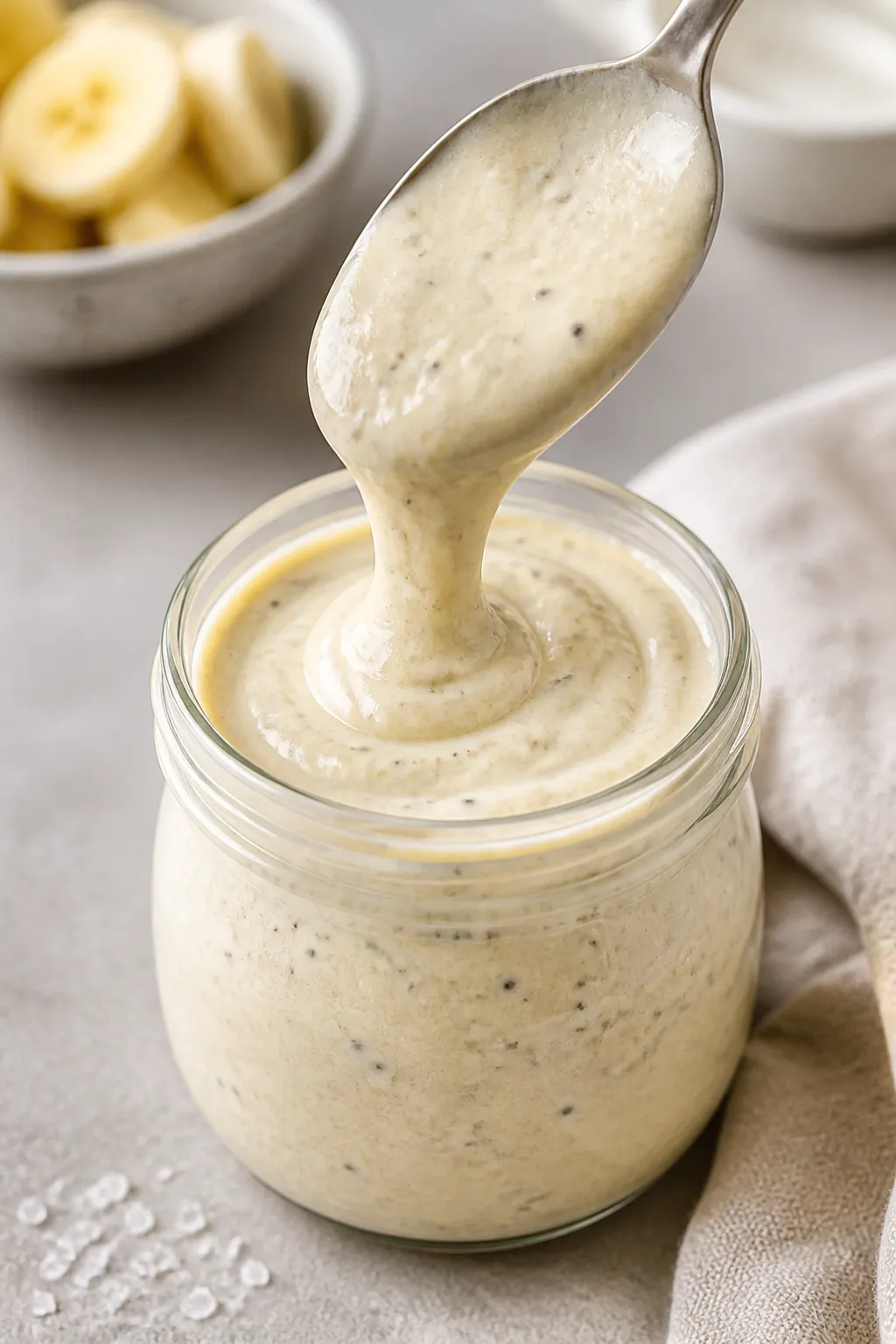 Close-up detail shot of silky banana cream protein pudding just after blending, spoon dolloping a th