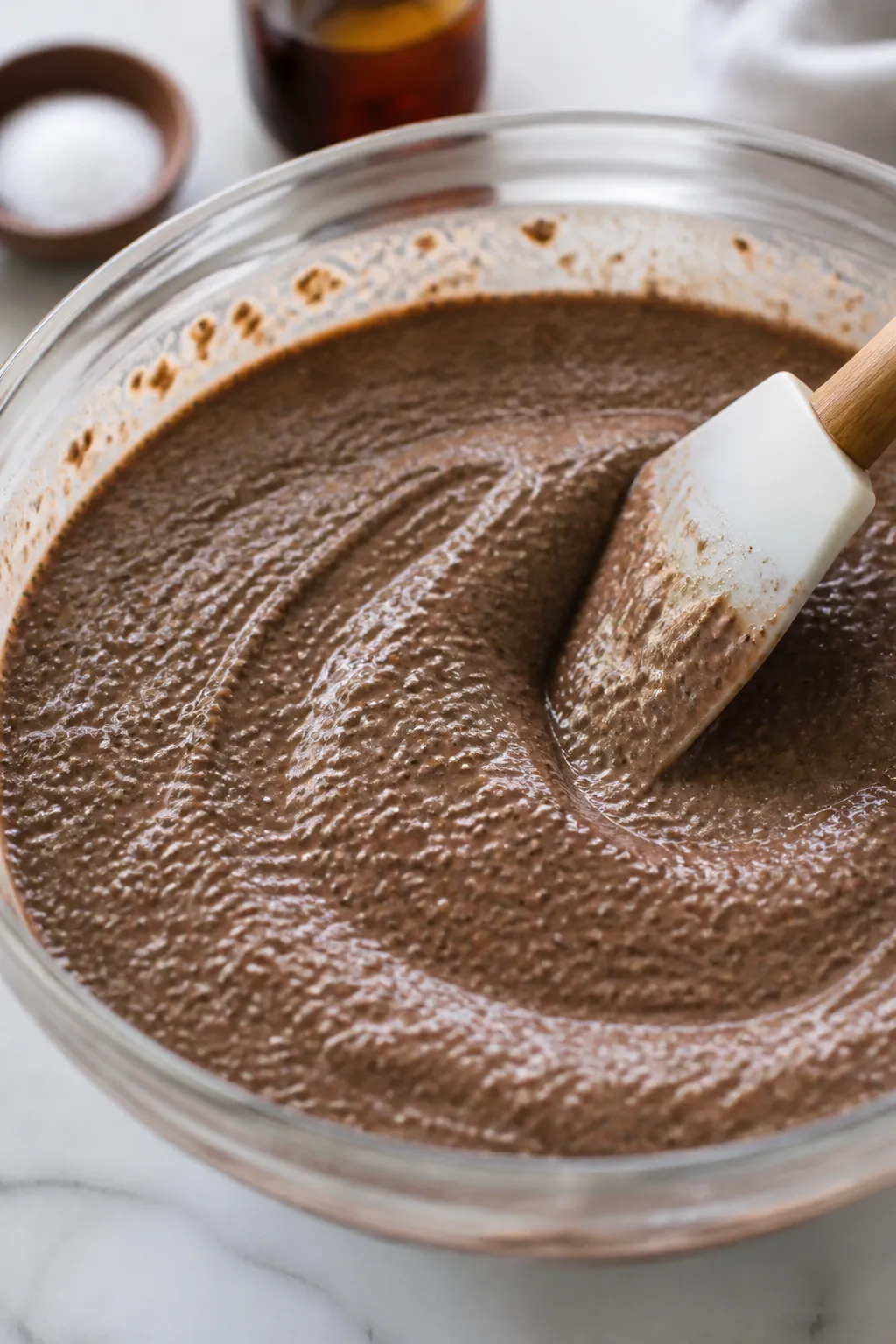 Close-up detail shot of silky chocolate chia pudding just after the second whisk, in a glass mixing