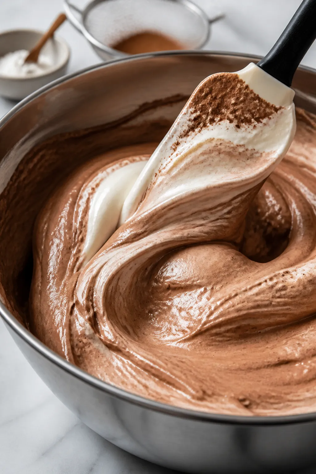 Close-up detail shot of silky high-protein keto chocolate mousse mid-fold: a spatula gently folding 