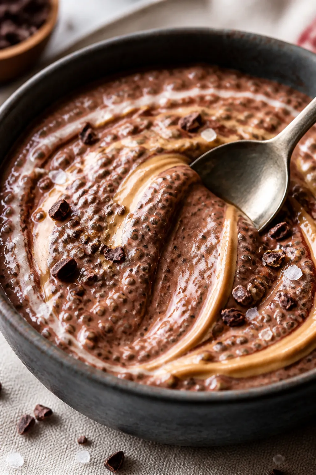 Close-up detail shot of thick, chocolate peanut butter chia pudding just after the chill step, spoon