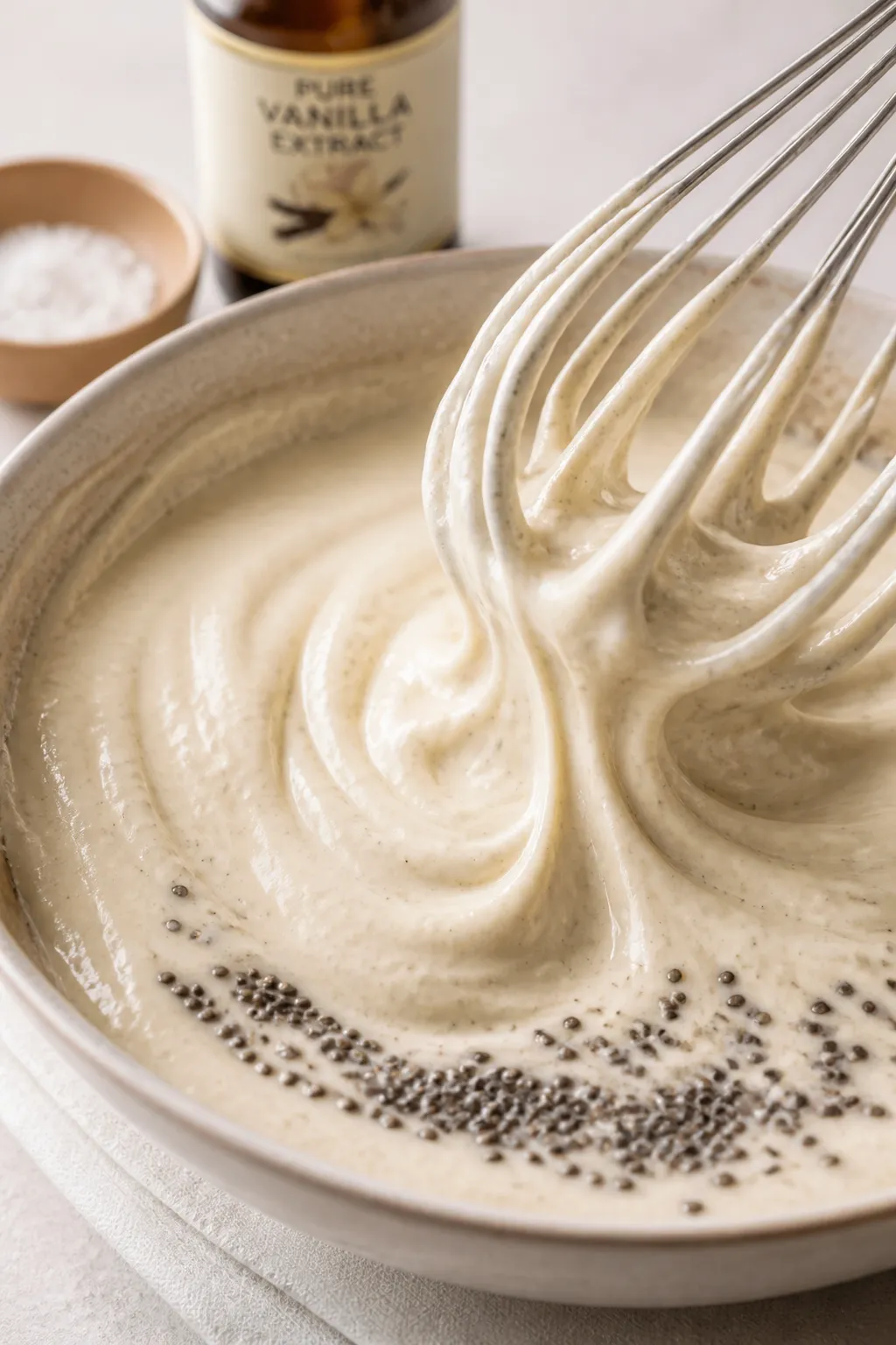Close-up detail shot of thick, spoonable Greek Yogurt Vanilla Protein Pudding mid-whisk in a ceramic