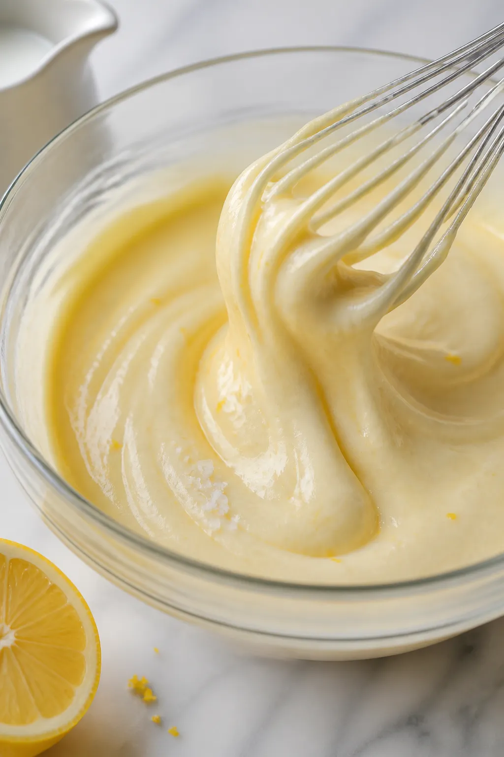 Close-up detail shot: Silky Greek yogurt lemon cream protein pudding being whisked to a smooth, cust