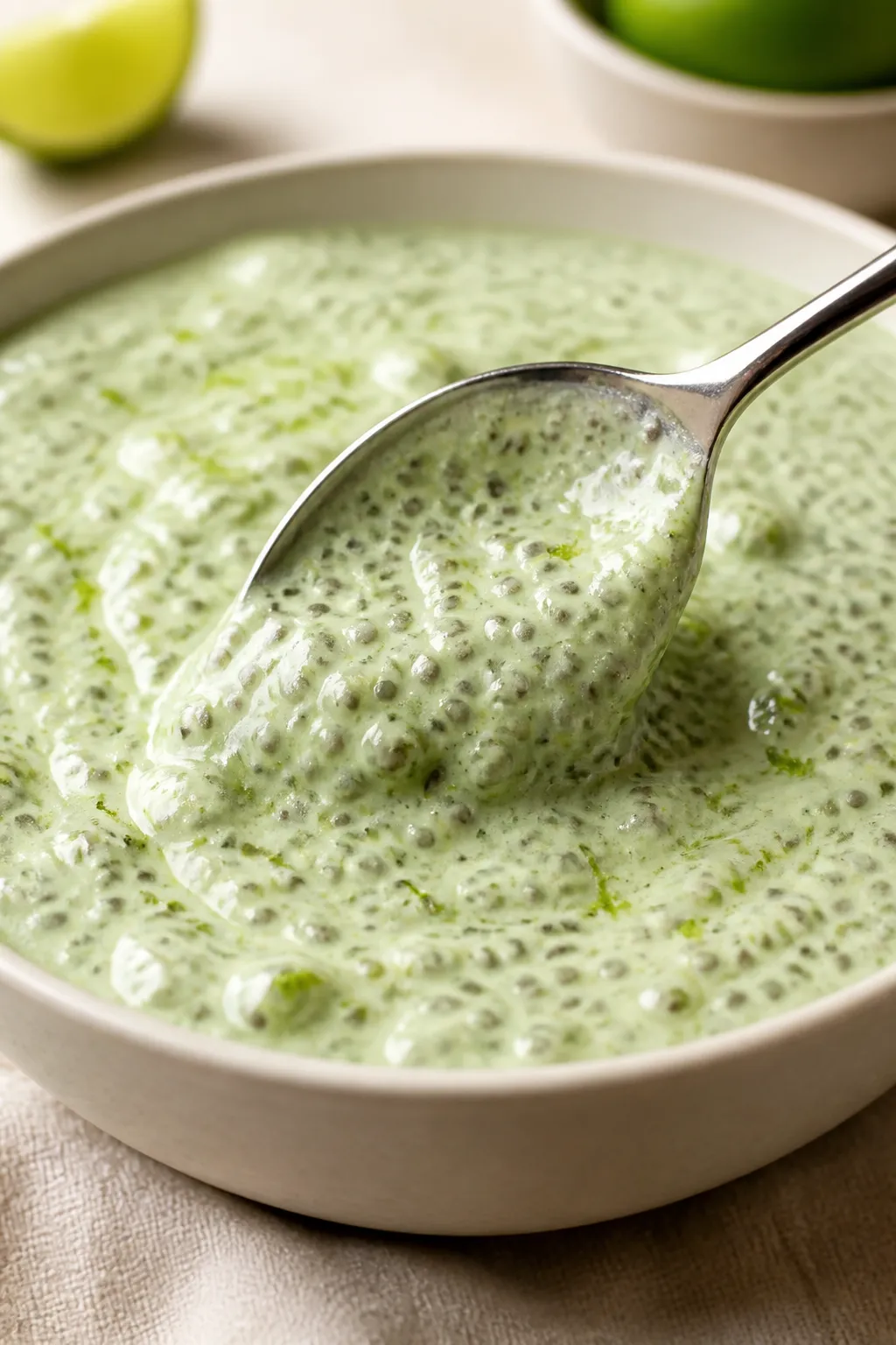 Close-up detail shot: Silky key lime chia pudding just after chilling, spoon dragging through the cr