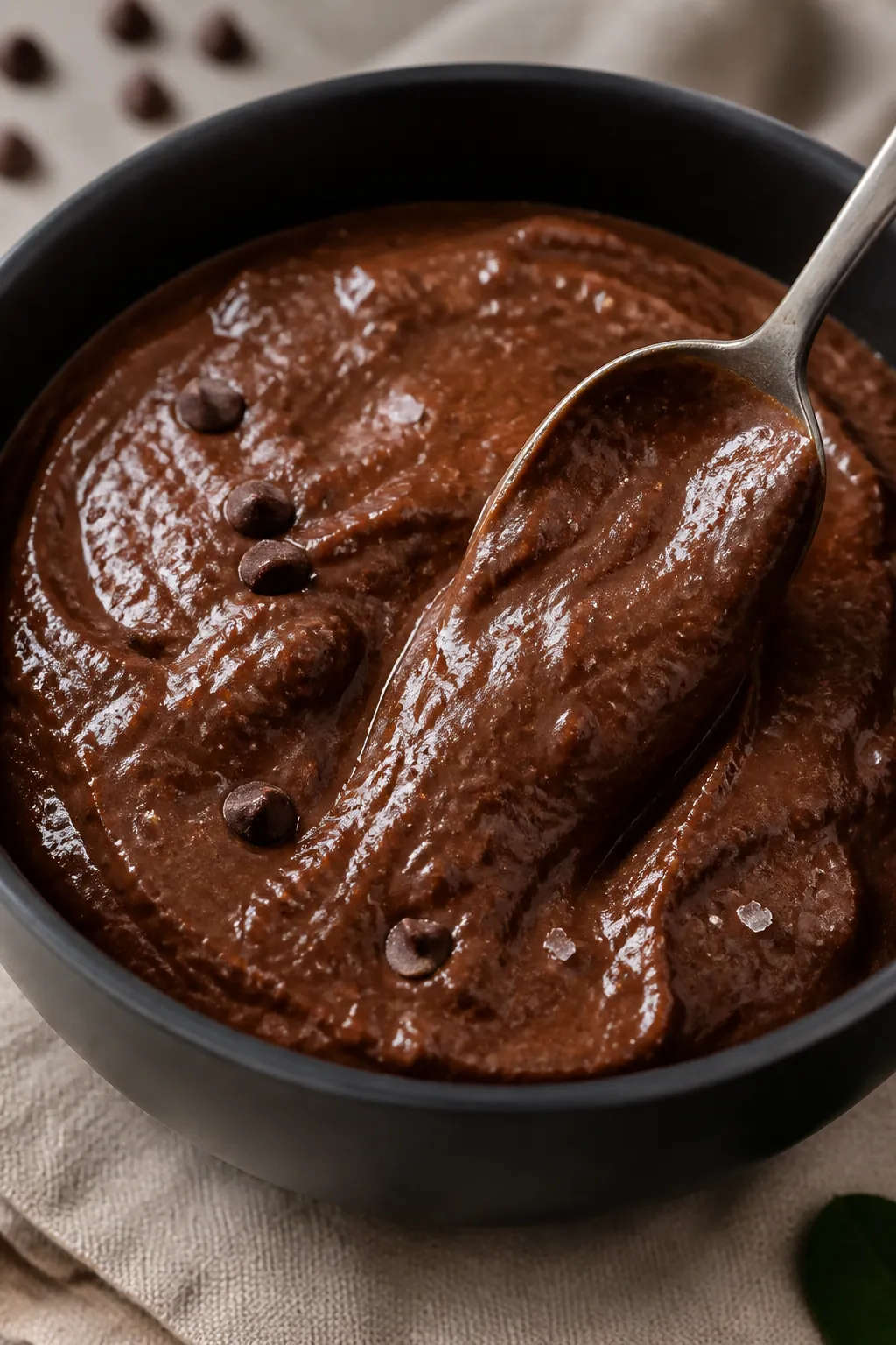 Close-up detail shot: Thick, silky cottage cheese brownie batter pudding just after blending, spoon