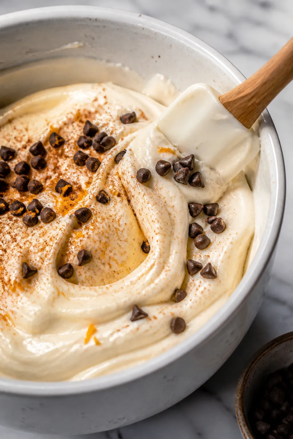 Close-up detail: Silky cannoli-style dip being whipped in a bowl, showing ultra-smooth, slightly flu