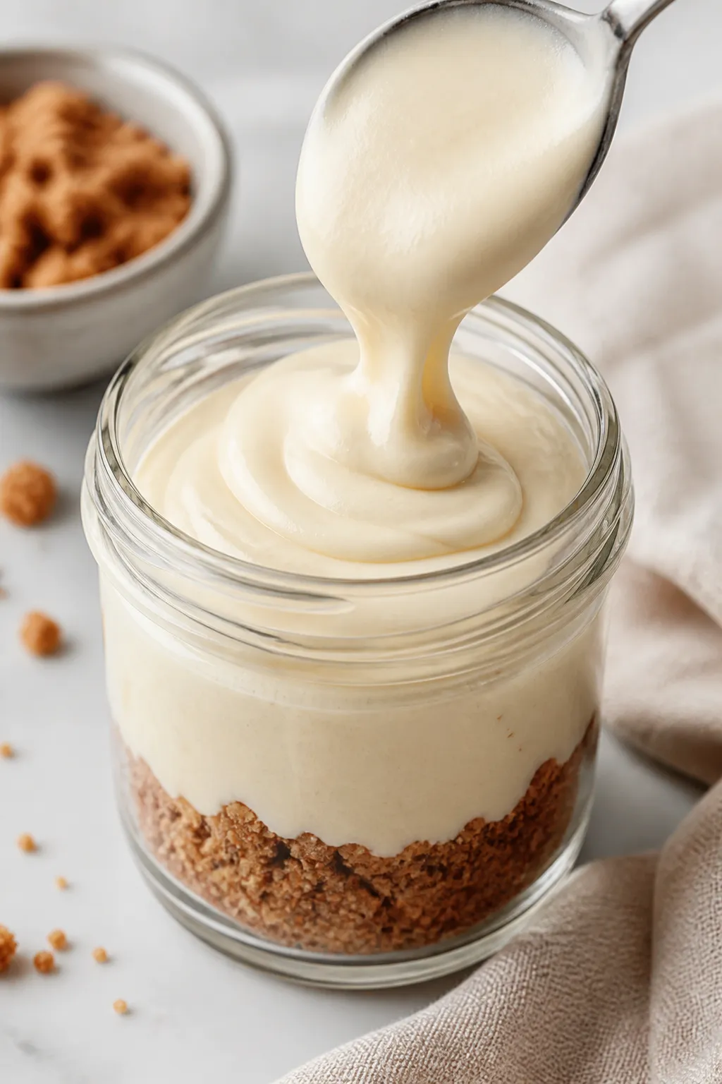 Close-up detail: Silky cheesecake filling being spooned into a clear 8-ounce jar over a lightly pres