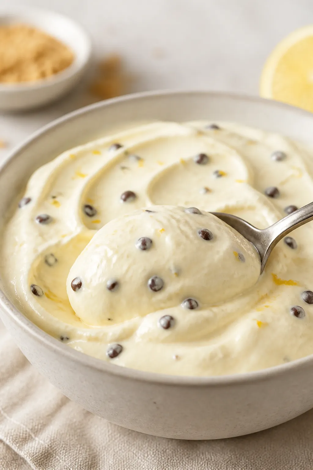Close-up detail: Silky cottage cheese cheesecake pudding after blending and chilling, spoon scooping