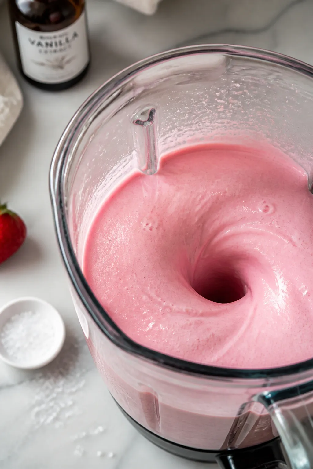 Close-up detail: Silky cottage cheese strawberry protein pudding mid-blend in a glass blender jar, t