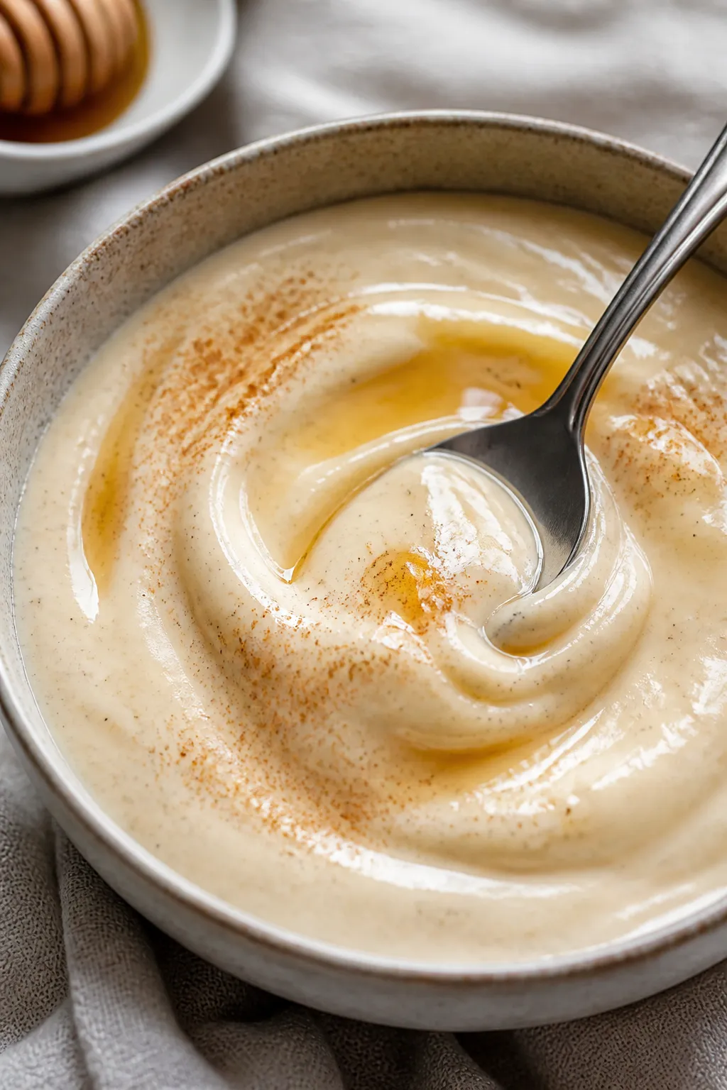 Close-up detail: Silky cottage cheese vanilla protein pudding just after blending, spoon dragging a 