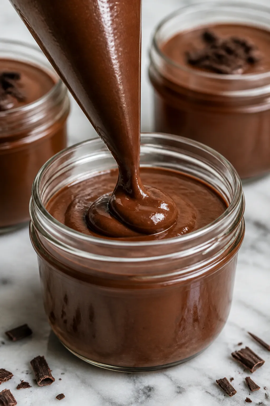 Close-up detail: Silky dark chocolate cheesecake mixture streaming into a glass jar from a piping ba