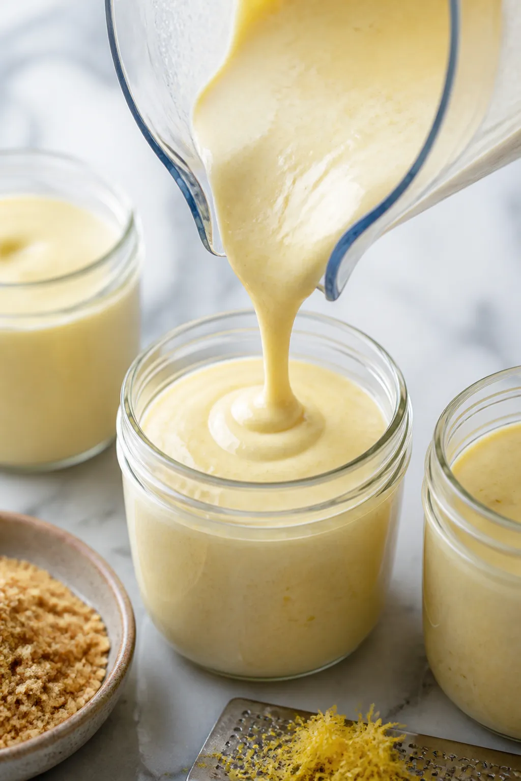 Close-up detail: Silky high-protein cheesecake pudding being poured from a blender into small glass