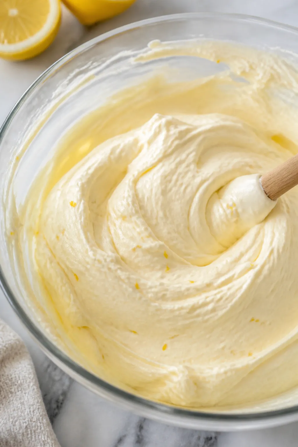 Close-up detail: Silky lemon cheesecake mousse just after folding in whipped cream, captured mid-swi