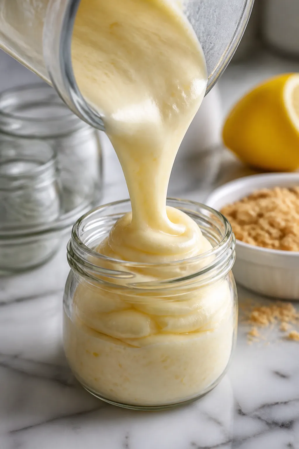 Close-up detail: Silky lemon cheesecake pudding being poured from a blender into a small glass jar, 