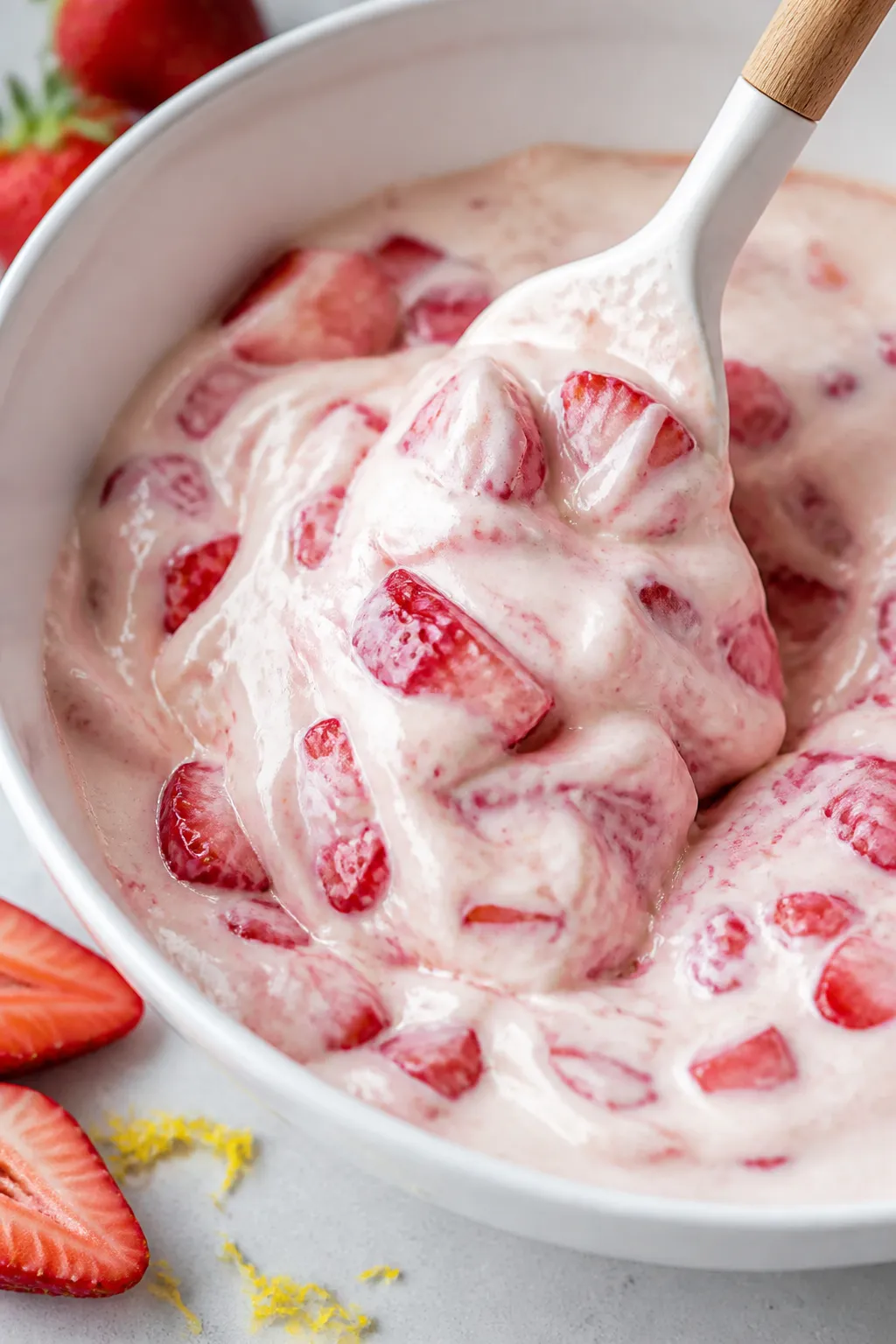 Close-up detail: Silky strawberry cheesecake pudding being folded with juicy diced strawberries in a
