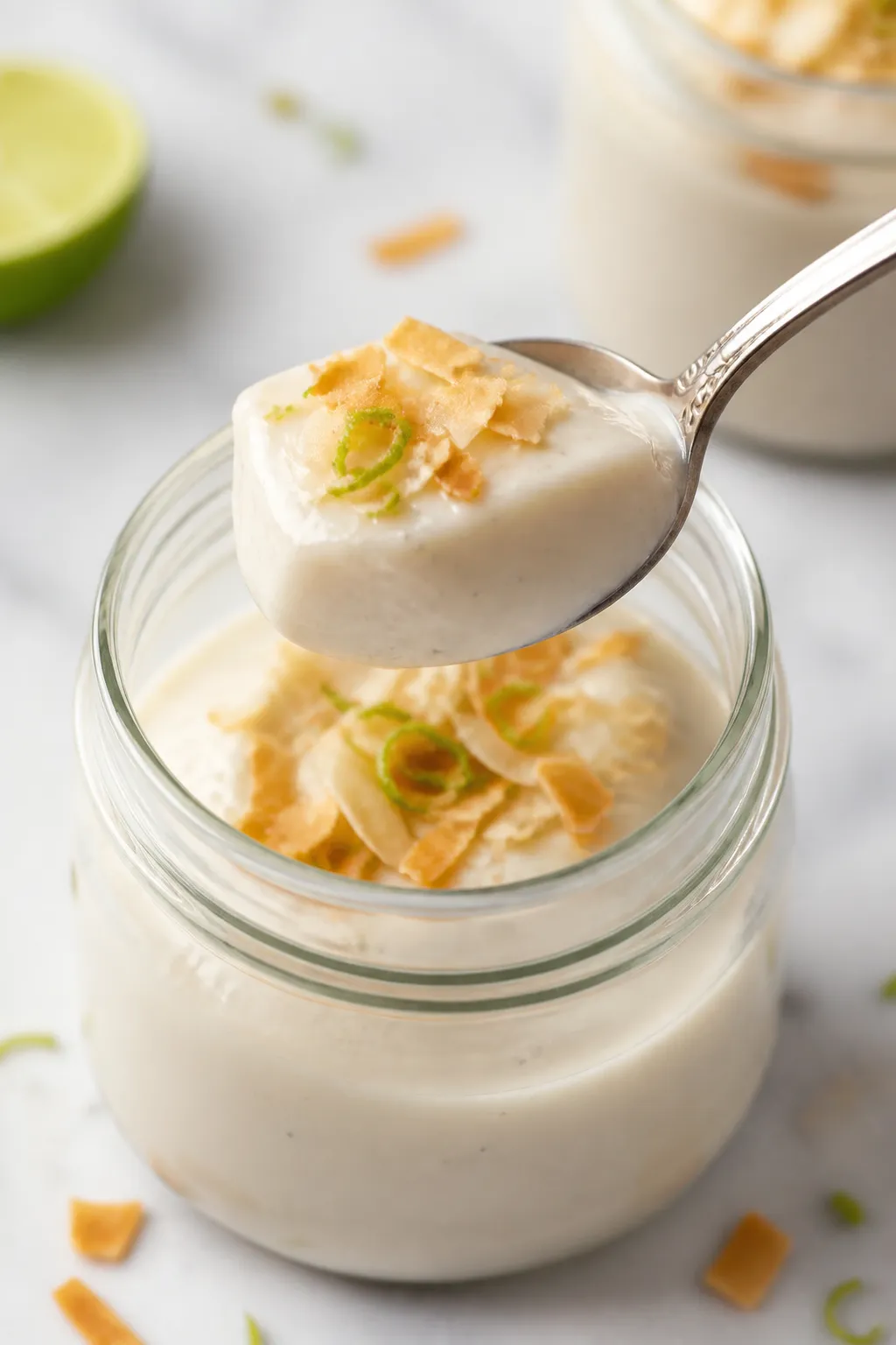 Close-up detail: Spoonful of high-protein coconut cream pudding made with the gelatin method, showin