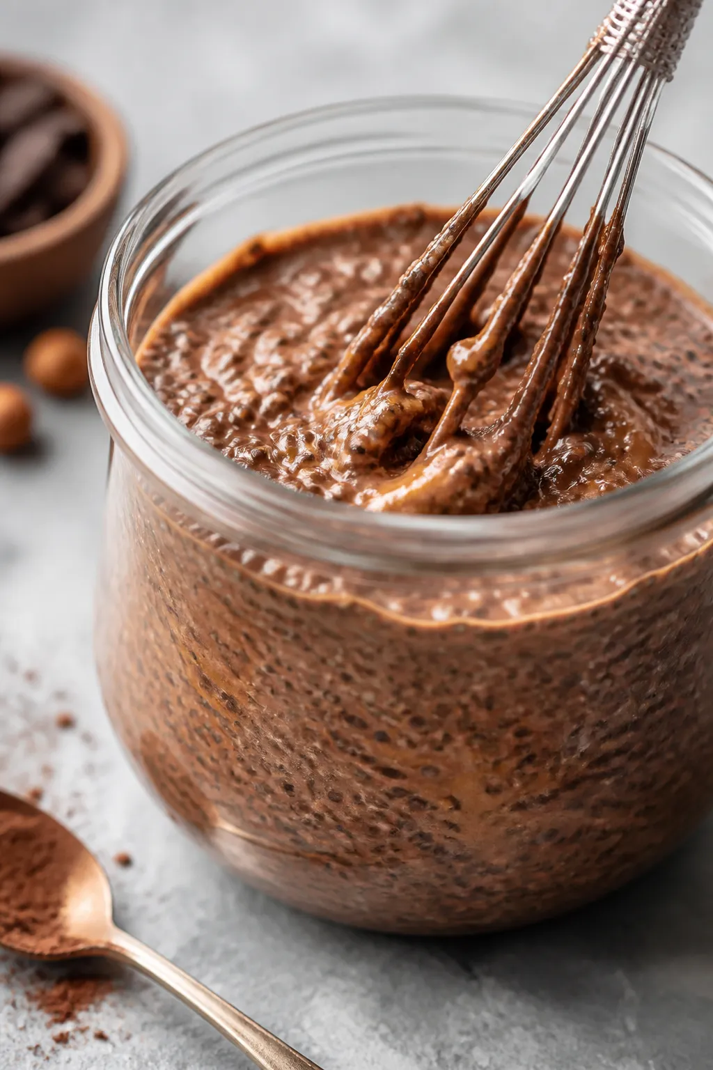 Close-up detail: Thick, creamy Nutella-style chia pudding midway through chill, being stirred at the